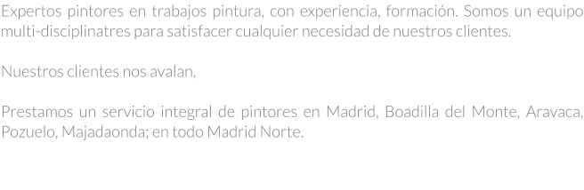 Expertos pintores en trabajos pintura, con experiencia, formación. Somos un equipo multi-disciplinatres para satisfacer cualquier necesidad de nuestros clientes.  Nuestros clientes nos avalan,   Prestamos un servicio integral de pintores en Madrid, Boadilla del Monte, Aravaca, Pozuelo, Majadaonda; en todo Madrid Norte.